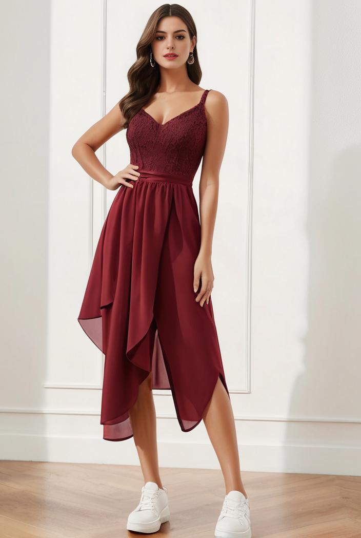 deep v neck lace chiffon bridesmaid dress with asymmetrical hem 123078