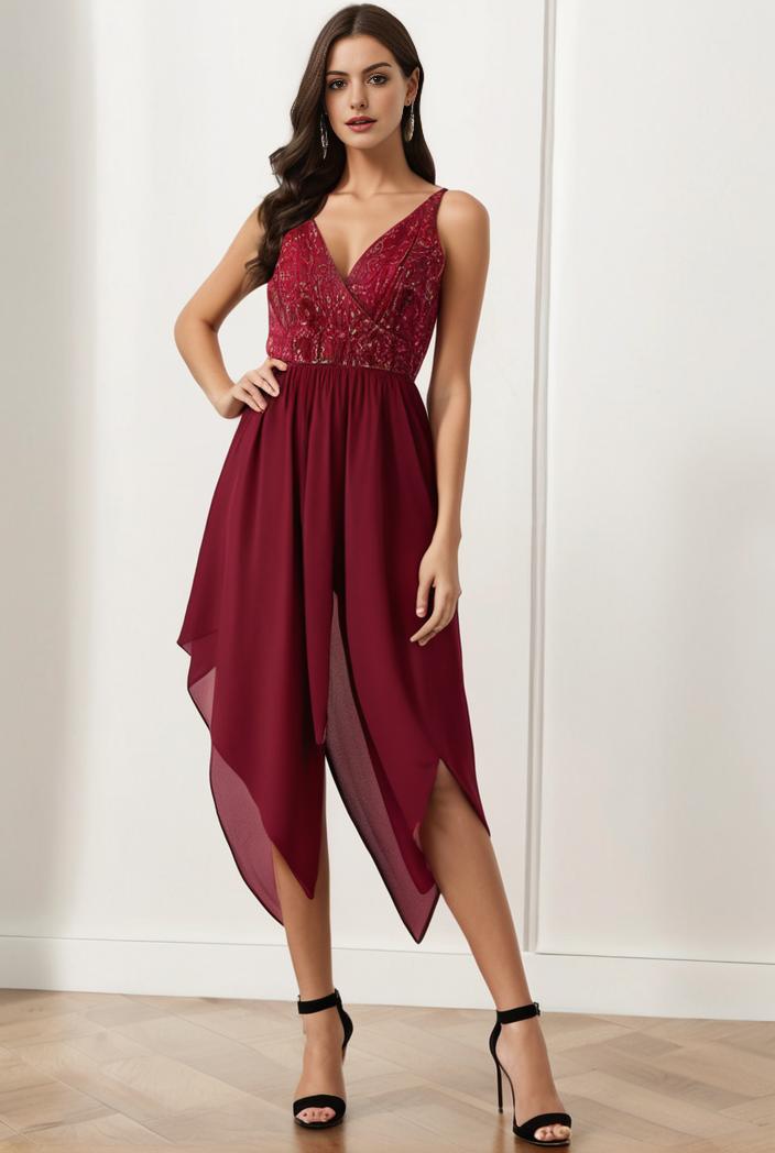 deep v neck lace chiffon bridesmaid dress with asymmetrical hem 123080