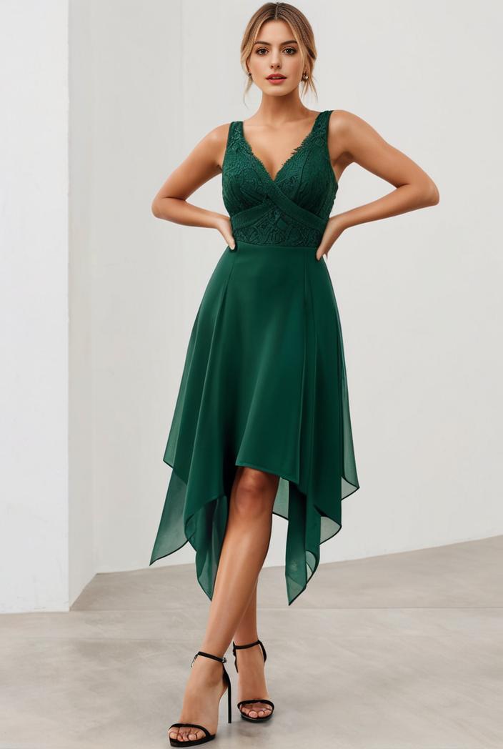deep v neck lace chiffon bridesmaid dress with asymmetrical hem 123081