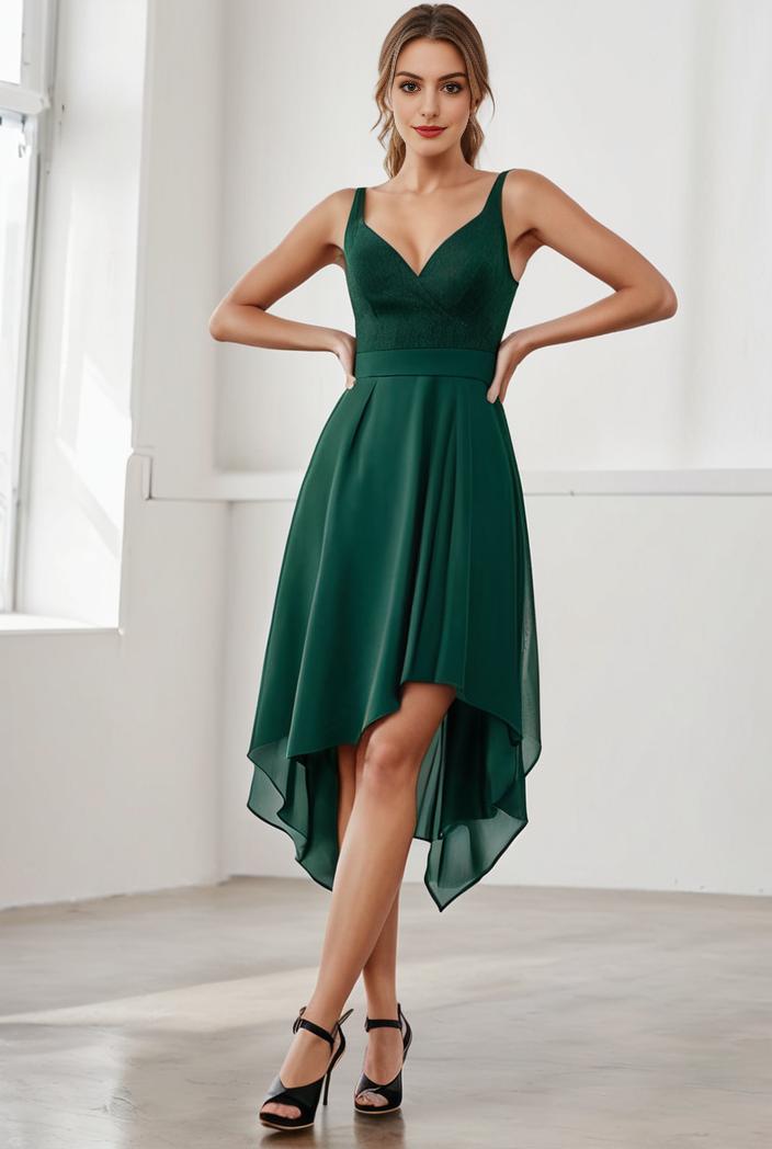 deep v neck lace chiffon bridesmaid dress with asymmetrical hem 123082