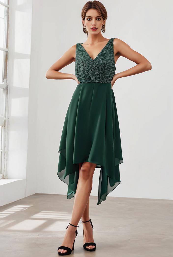 deep v neck lace chiffon bridesmaid dress with asymmetrical hem 123083