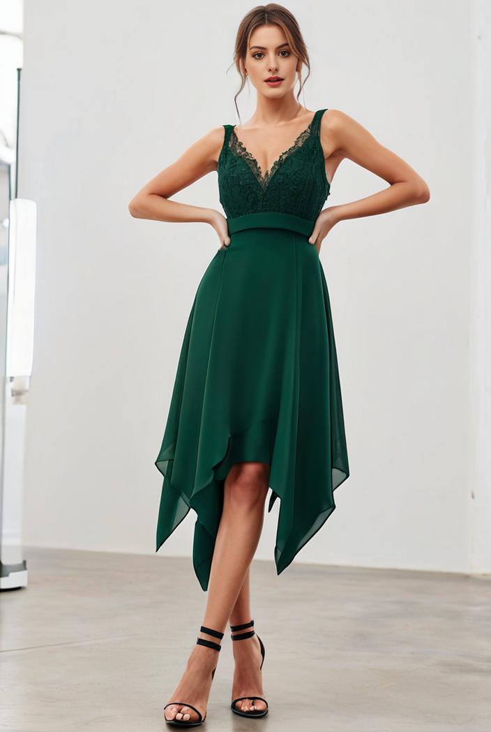 deep v neck lace chiffon bridesmaid dress with asymmetrical hem 123087