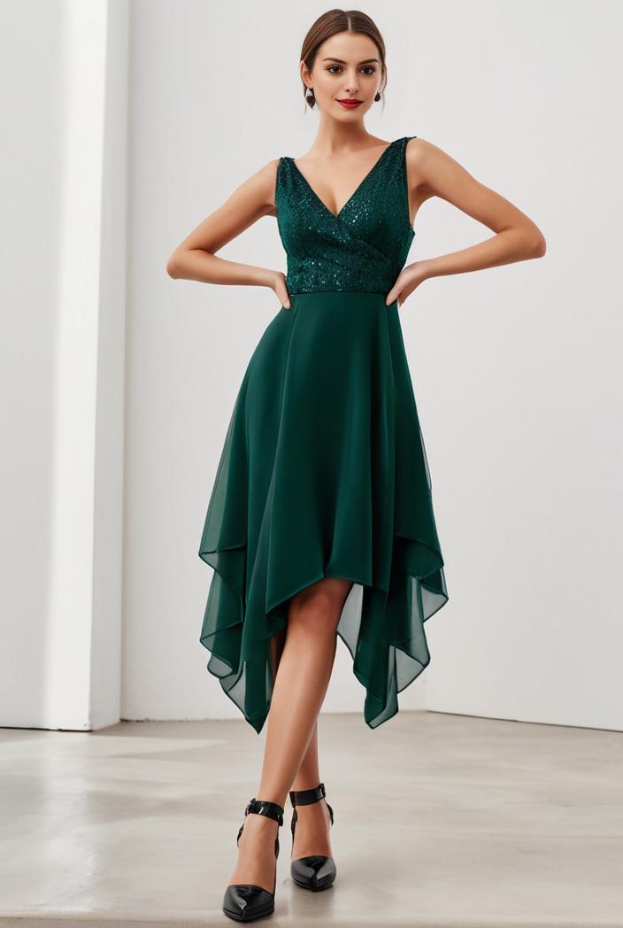 deep v neck lace chiffon bridesmaid dress with asymmetrical hem 123088