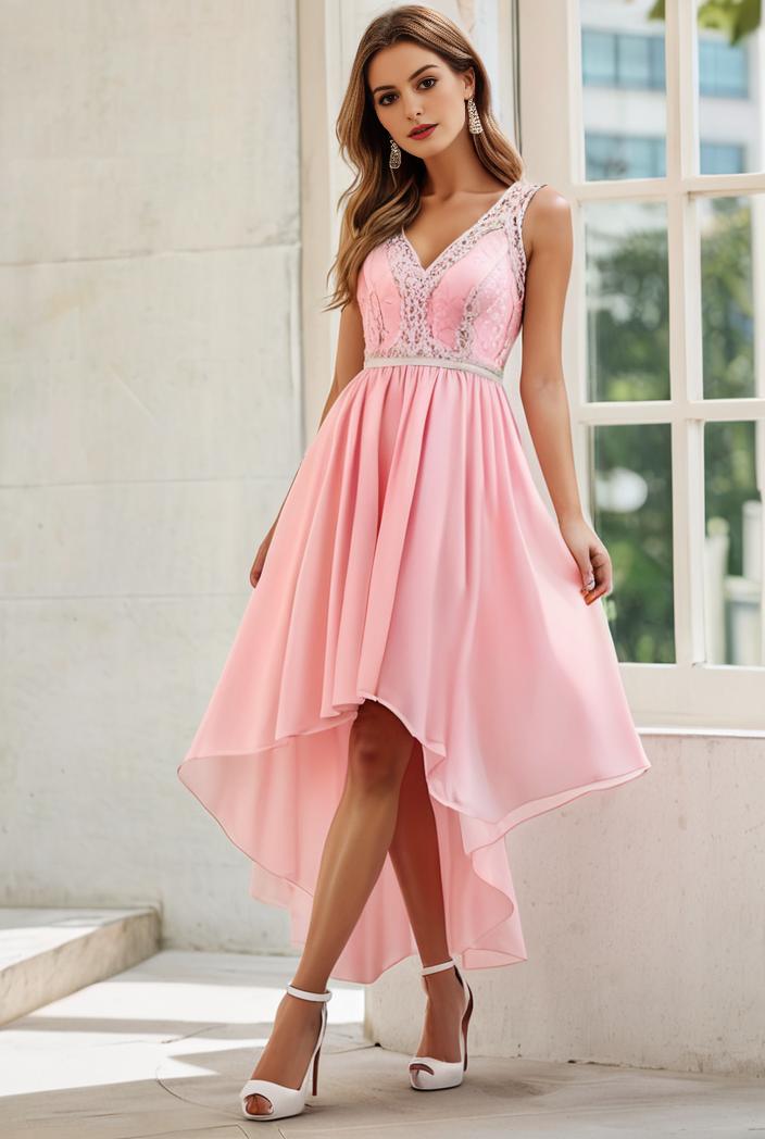 deep v neck lace chiffon bridesmaid dress with asymmetrical hem 123099