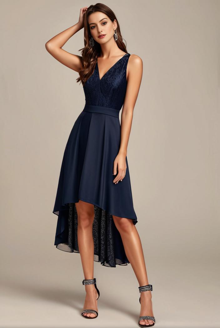 deep v neck lace chiffon bridesmaid dress with asymmetrical hem 123127