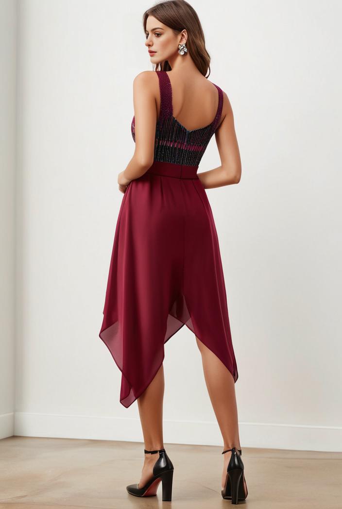 deep v neck lace chiffon bridesmaid dress with asymmetrical hem 123144