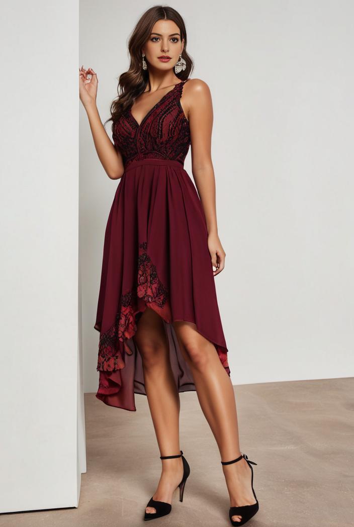 deep v neck lace chiffon bridesmaid dress with asymmetrical hem 101691
