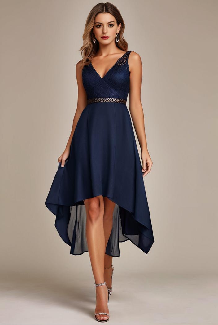deep v neck lace chiffon bridesmaid dress with asymmetrical hem 101719