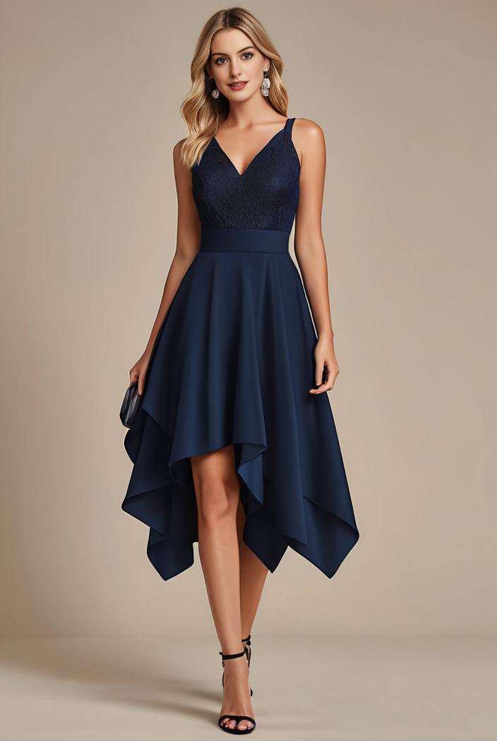 deep v neck lace chiffon bridesmaid dress with asymmetrical hem 101720