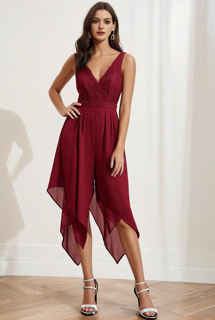 deep v neck lace chiffon bridesmaid dress with asymmetrical hem 101764