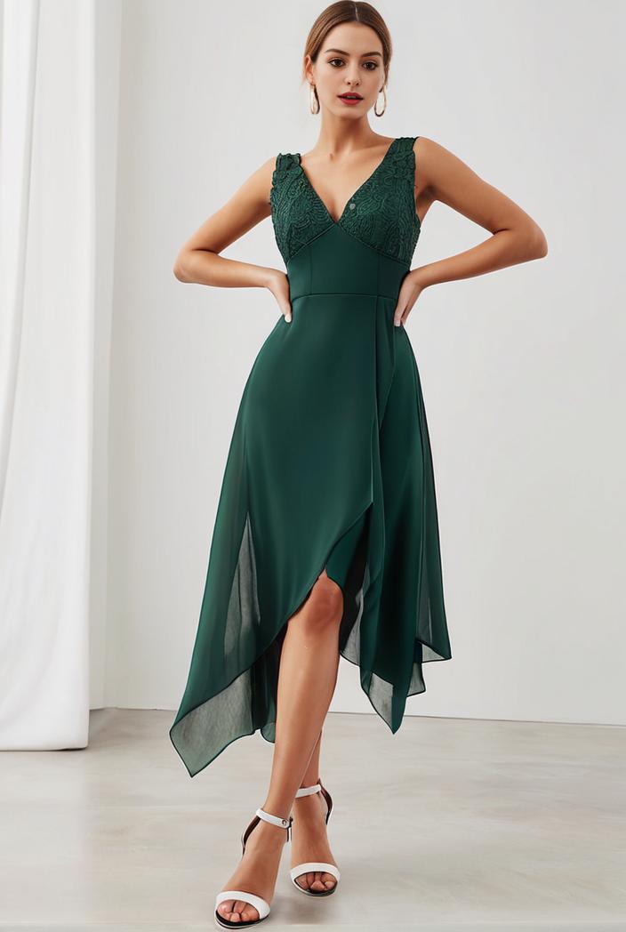 deep v neck lace chiffon bridesmaid dress with asymmetrical hem 101771
