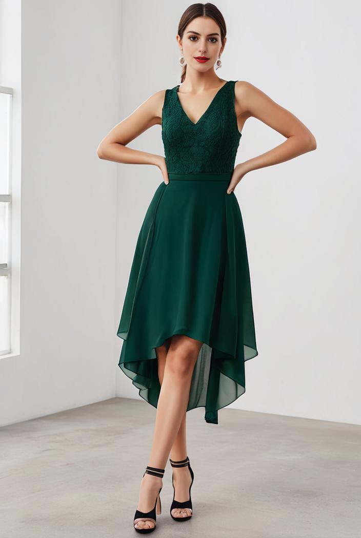 deep v neck lace chiffon bridesmaid dress with asymmetrical hem 101770