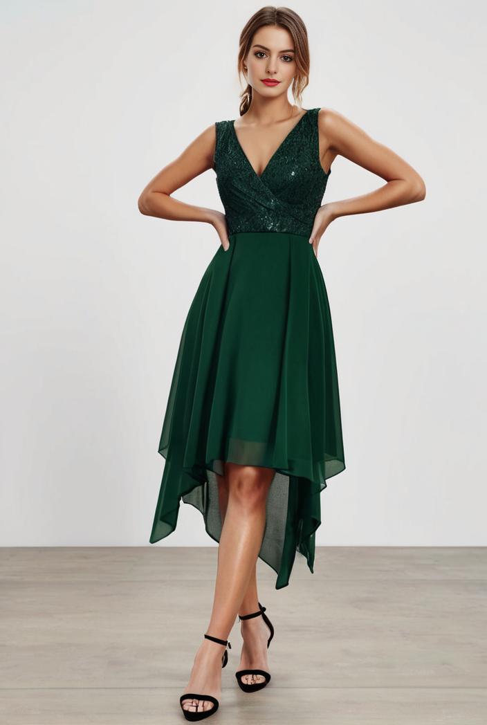 deep v neck lace chiffon bridesmaid dress with asymmetrical hem 101777