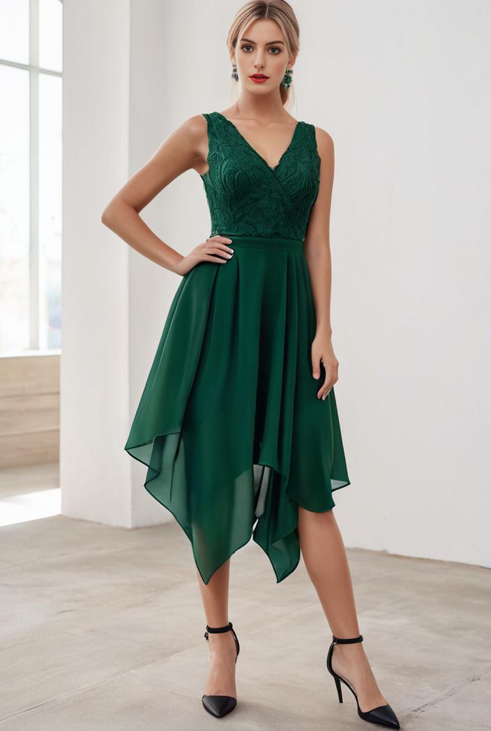 deep v neck lace chiffon bridesmaid dress with asymmetrical hem 101803