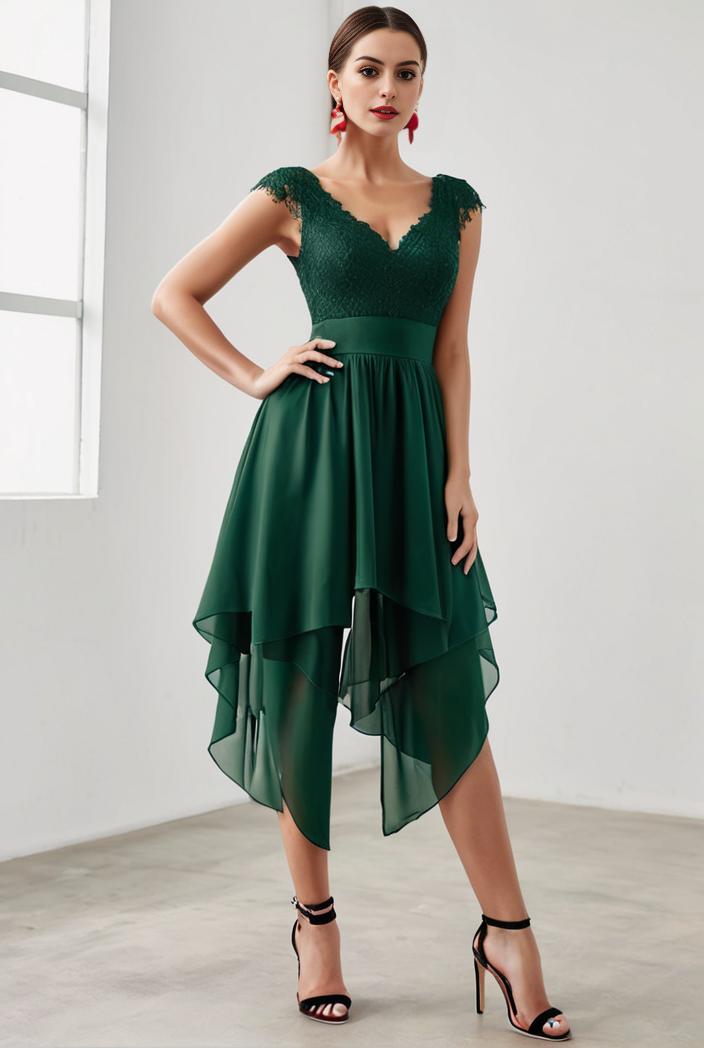 deep v neck lace chiffon bridesmaid dress with asymmetrical hem 101807