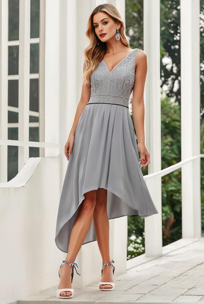 deep v neck lace chiffon bridesmaid dress with asymmetrical hem 101817