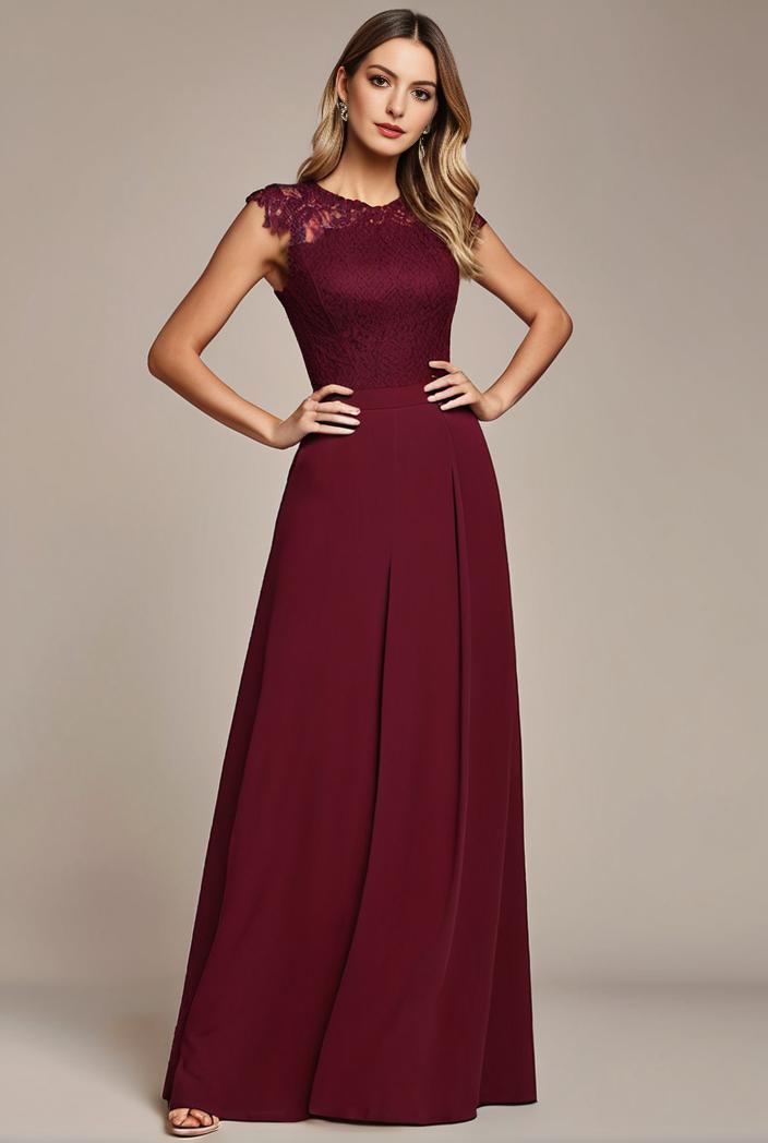 elegant chiffon maxi evening dress with lace cap sleeve 142777