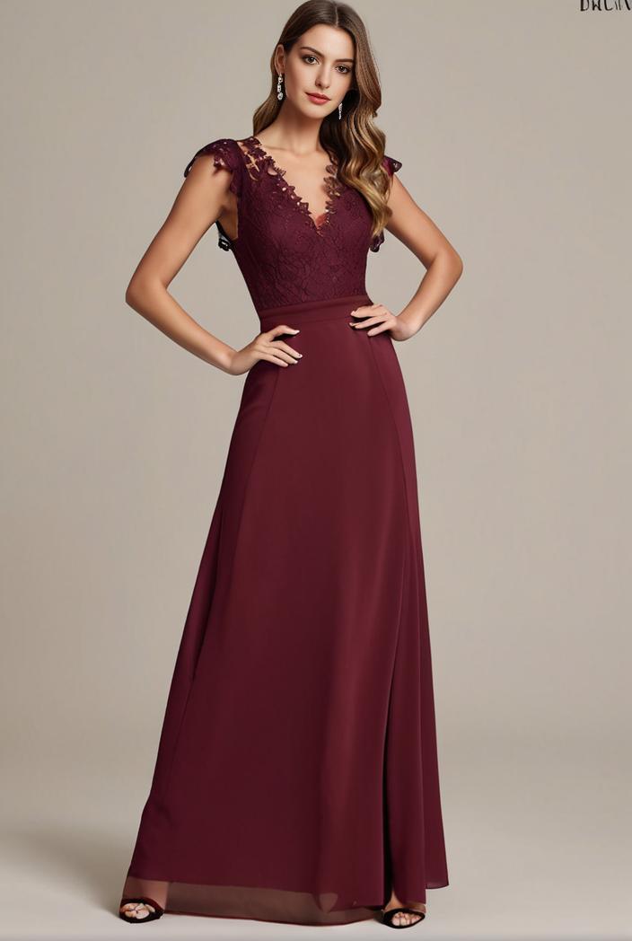 elegant chiffon maxi evening dress with lace cap sleeve 142781