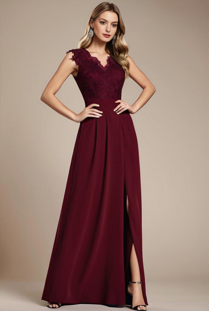 elegant chiffon maxi evening dress with lace cap sleeve 142784