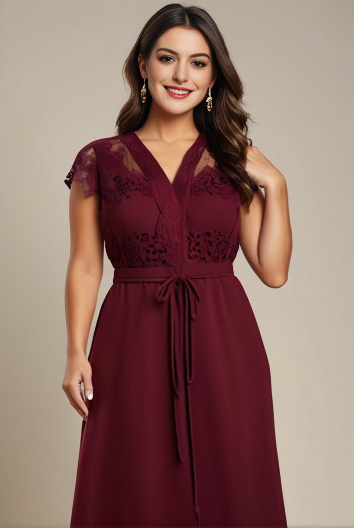 elegant chiffon maxi evening dress with lace cap sleeve 142791
