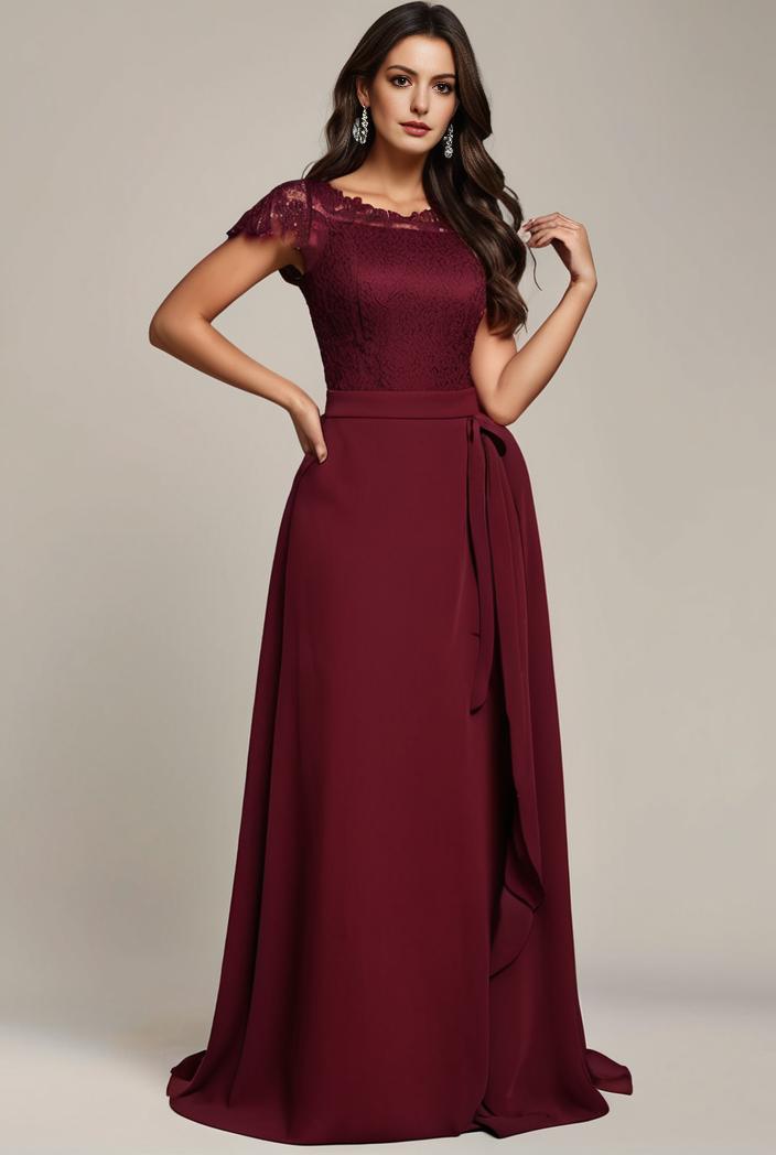 elegant chiffon maxi evening dress with lace cap sleeve 142801
