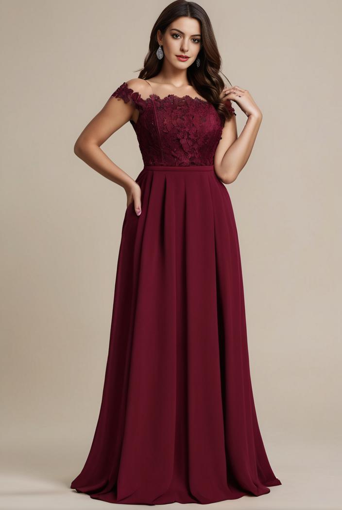 elegant chiffon maxi evening dress with lace cap sleeve 142802