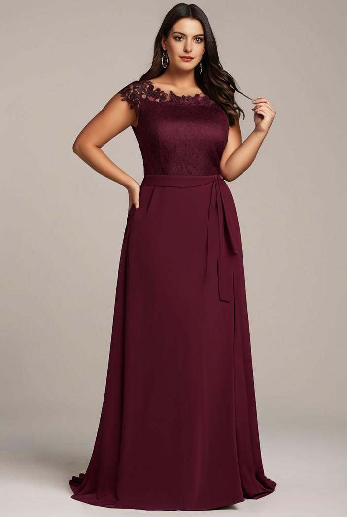 elegant chiffon maxi evening dress with lace cap sleeve 142803