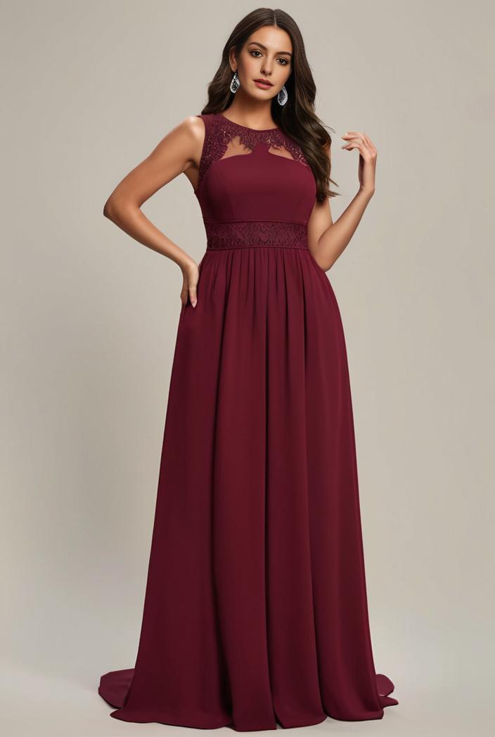 elegant chiffon maxi evening dress with lace cap sleeve 142804