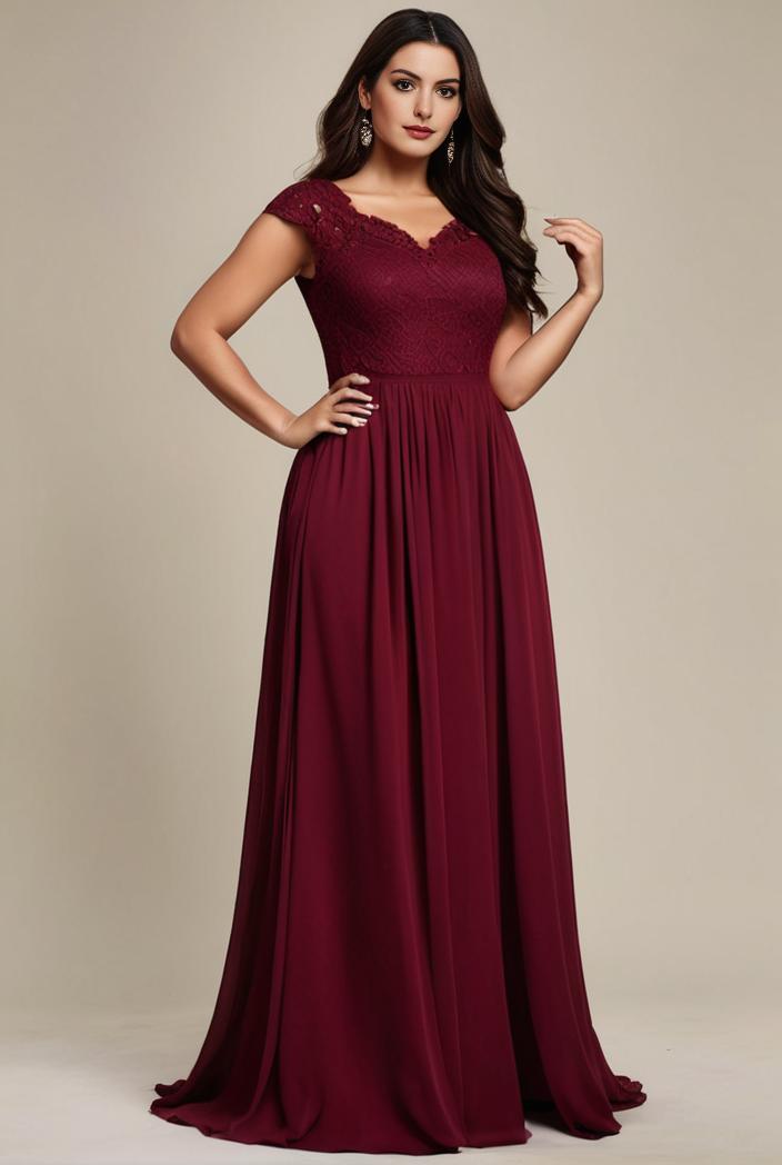 elegant chiffon maxi evening dress with lace cap sleeve 142806