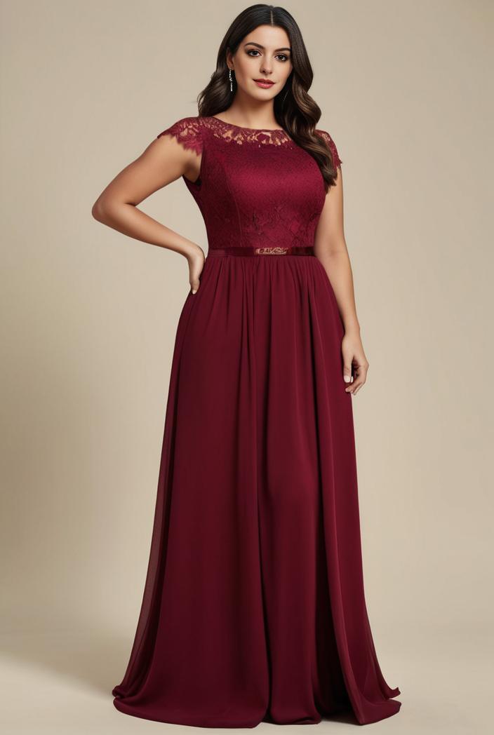 elegant chiffon maxi evening dress with lace cap sleeve 142807