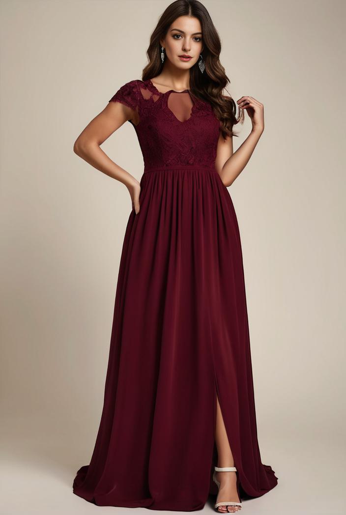 elegant chiffon maxi evening dress with lace cap sleeve 142808