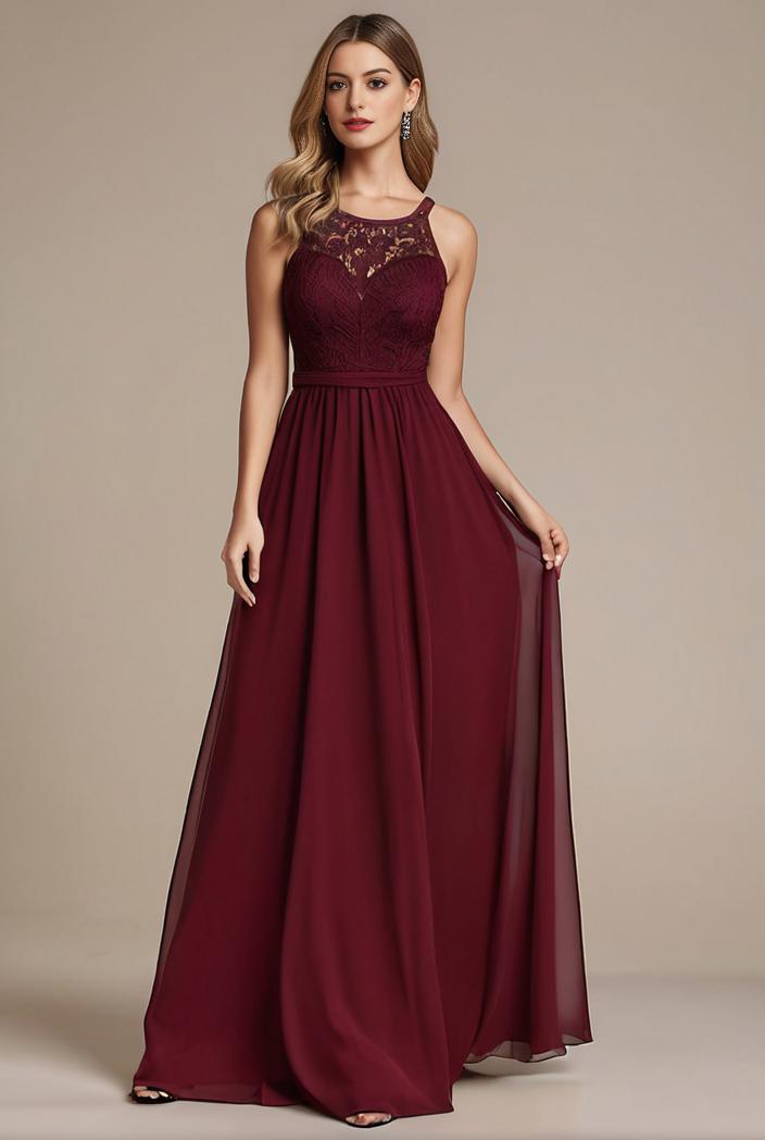 elegant chiffon maxi evening dress with lace cap sleeve 142810