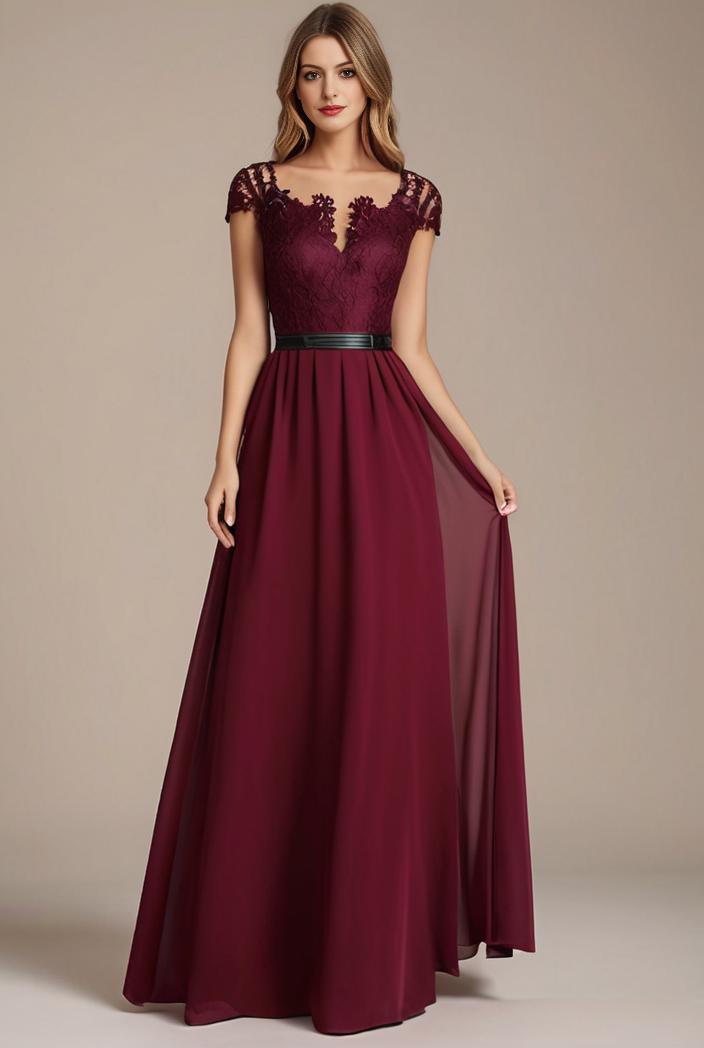 elegant chiffon maxi evening dress with lace cap sleeve 142811