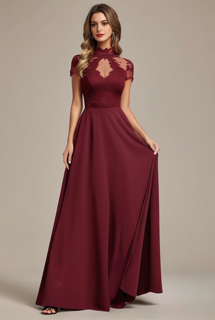 elegant chiffon maxi evening dress with lace cap sleeve 142812