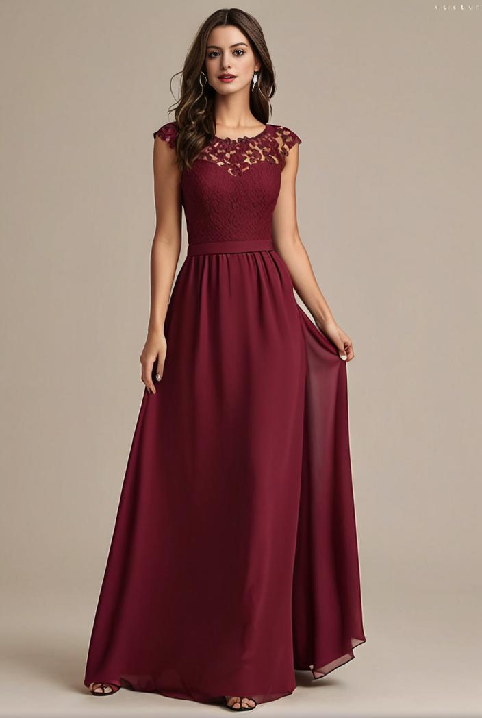 elegant chiffon maxi evening dress with lace cap sleeve 142813