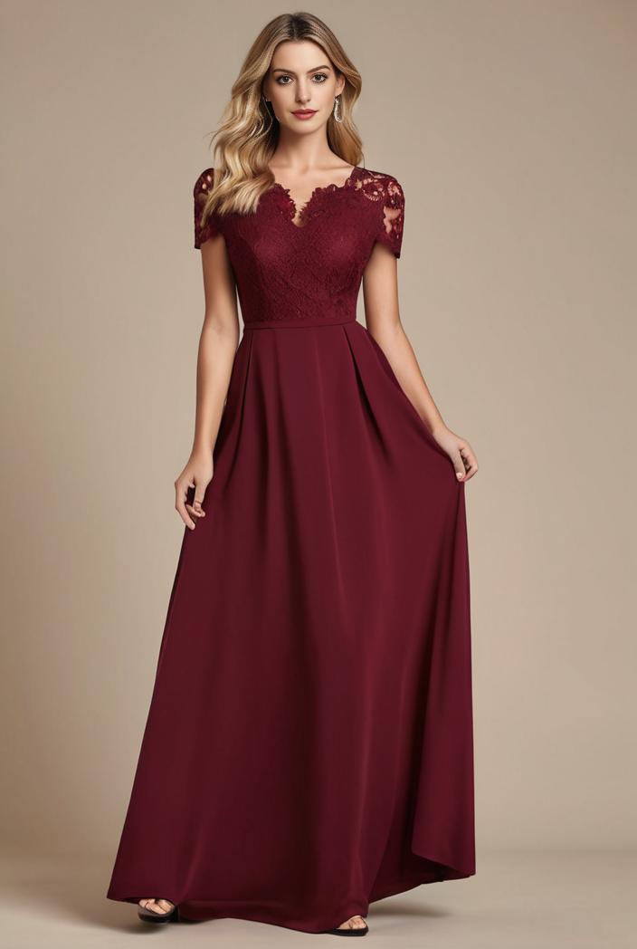 elegant chiffon maxi evening dress with lace cap sleeve 142815