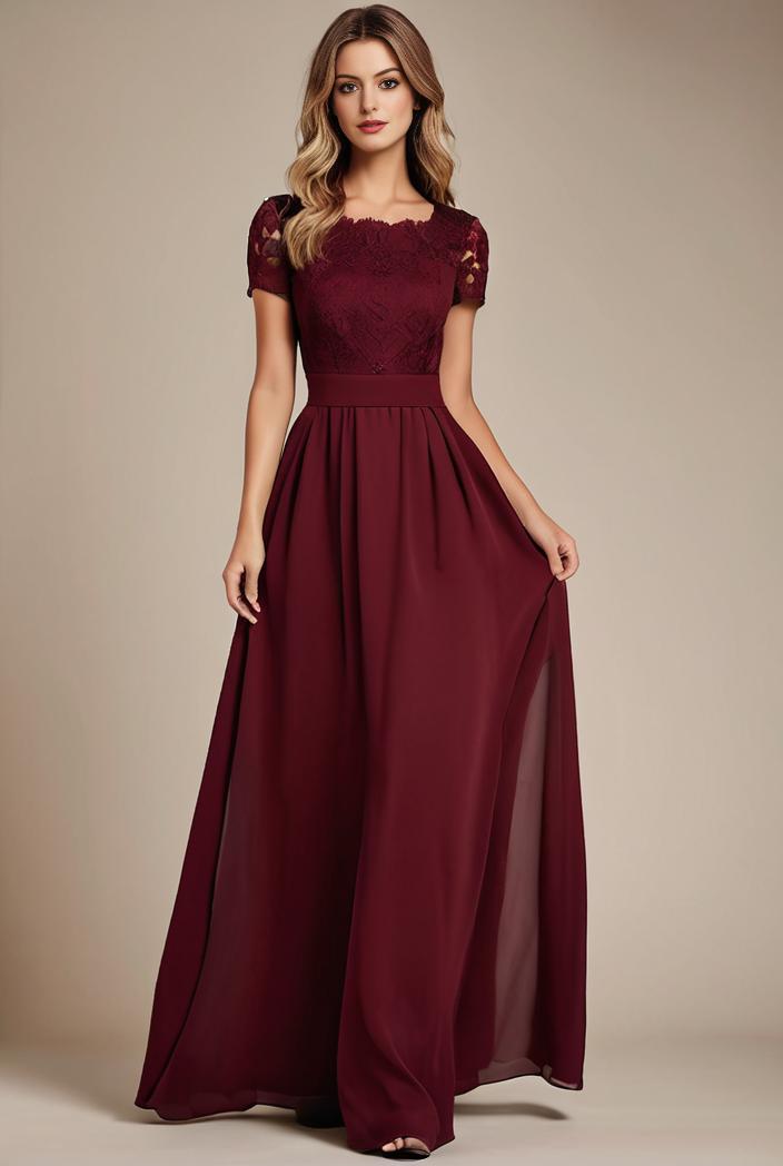 elegant chiffon maxi evening dress with lace cap sleeve 142816