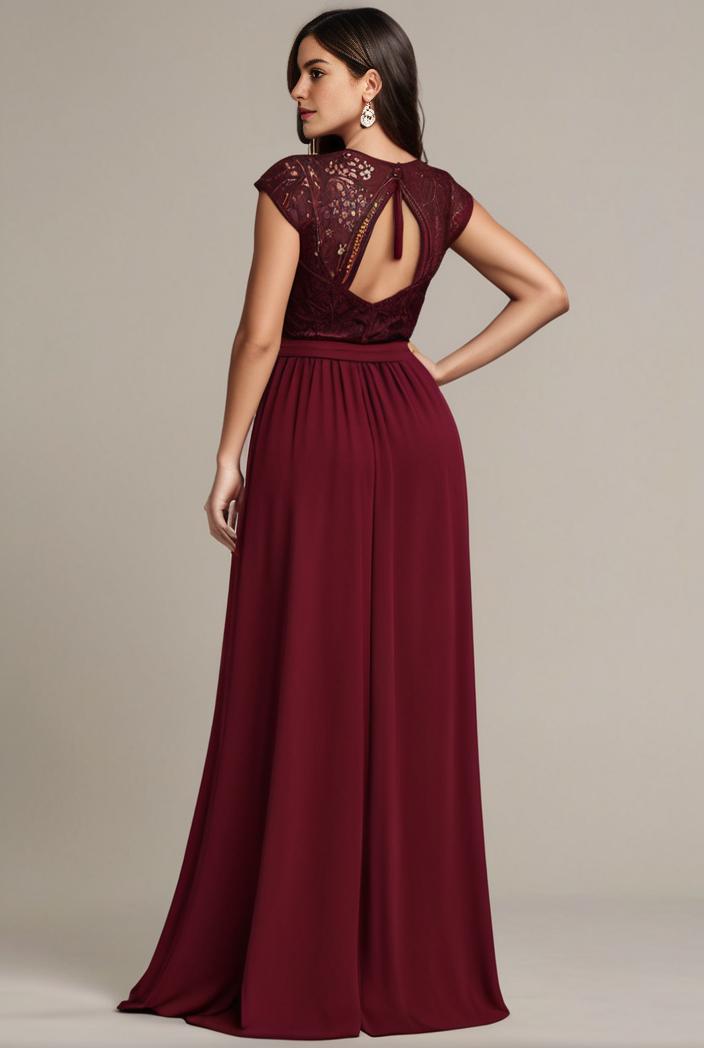 elegant chiffon maxi evening dress with lace cap sleeve 142818