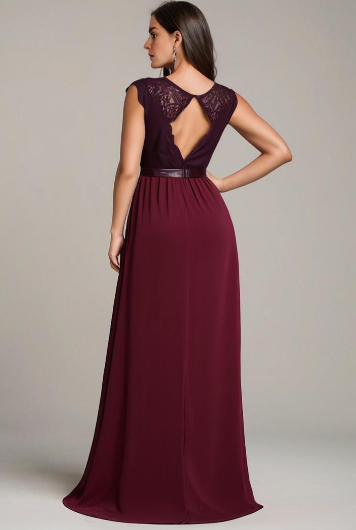 elegant chiffon maxi evening dress with lace cap sleeve 142819
