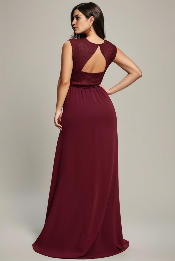 elegant chiffon maxi evening dress with lace cap sleeve 142820