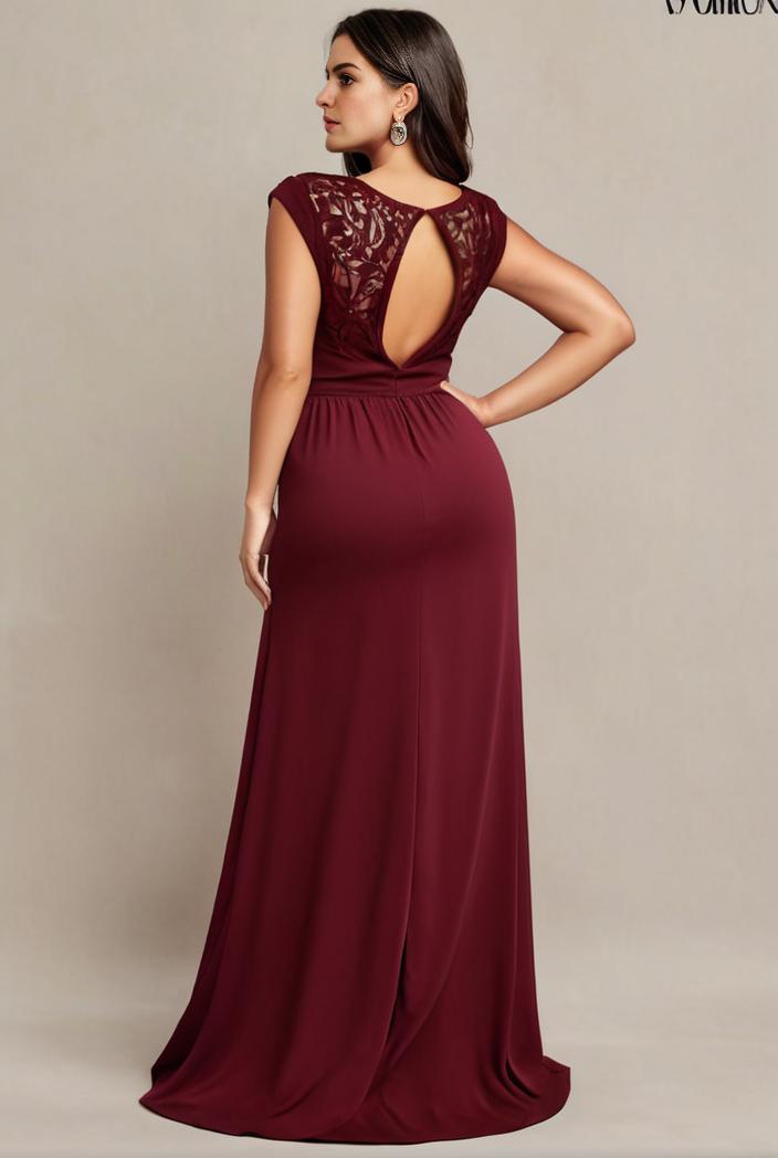 elegant chiffon maxi evening dress with lace cap sleeve 142821