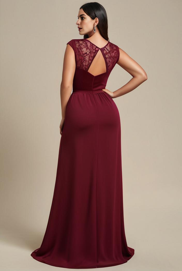 elegant chiffon maxi evening dress with lace cap sleeve 142823