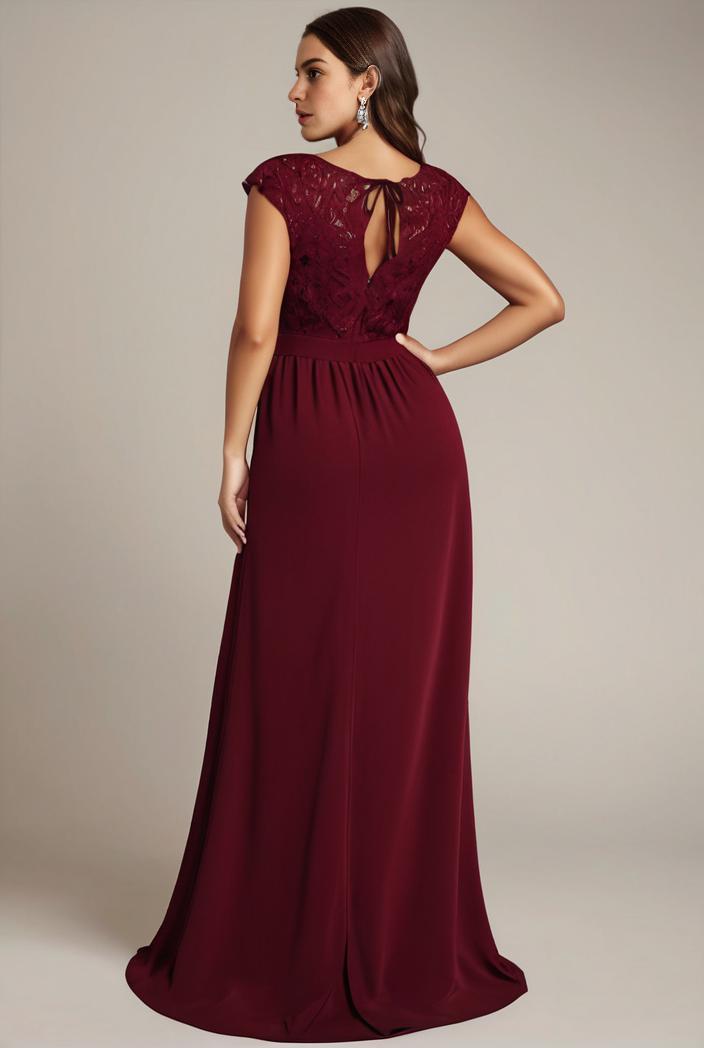 elegant chiffon maxi evening dress with lace cap sleeve 142824