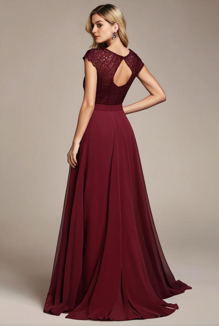 elegant chiffon maxi evening dress with lace cap sleeve 142825