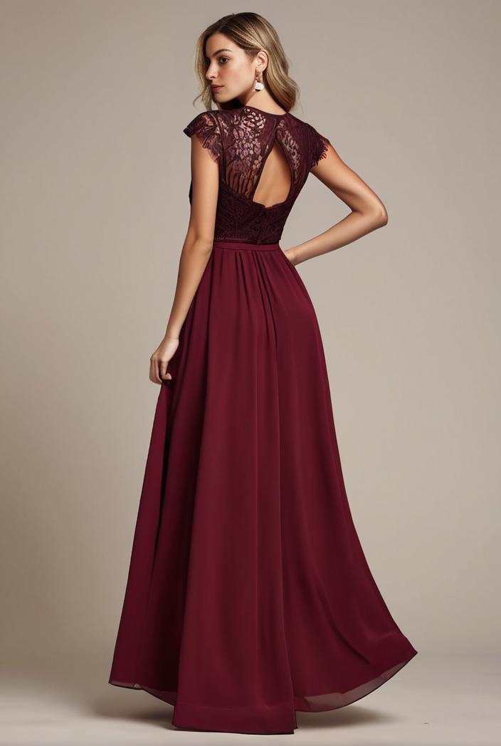 elegant chiffon maxi evening dress with lace cap sleeve 142826