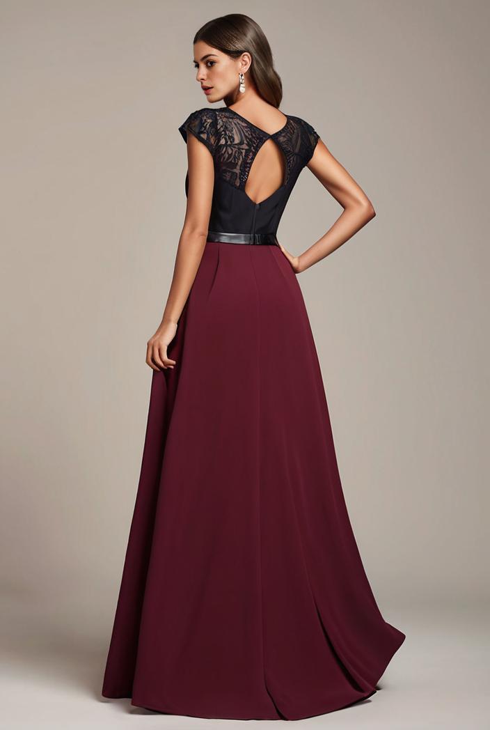elegant chiffon maxi evening dress with lace cap sleeve 142827