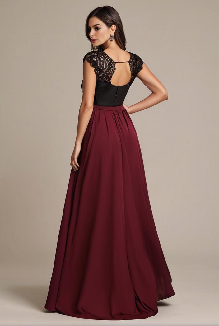 elegant chiffon maxi evening dress with lace cap sleeve 142829