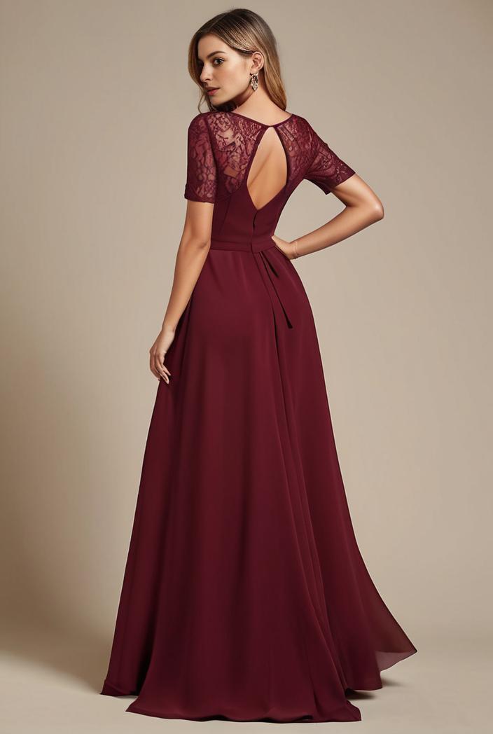 elegant chiffon maxi evening dress with lace cap sleeve 142831