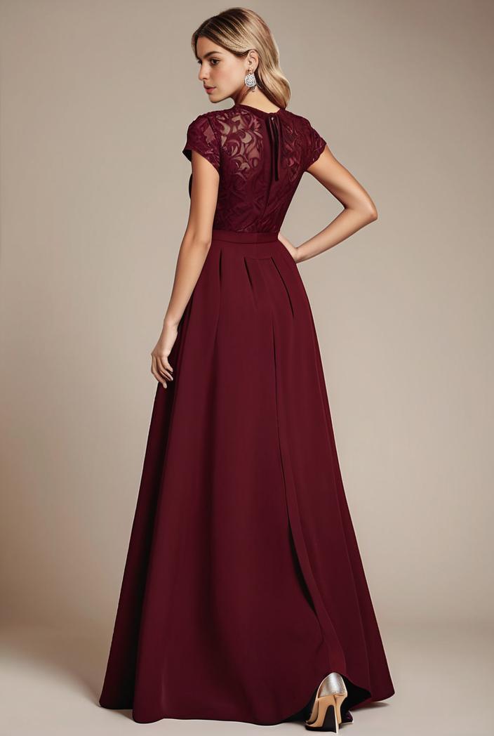 elegant chiffon maxi evening dress with lace cap sleeve 142832