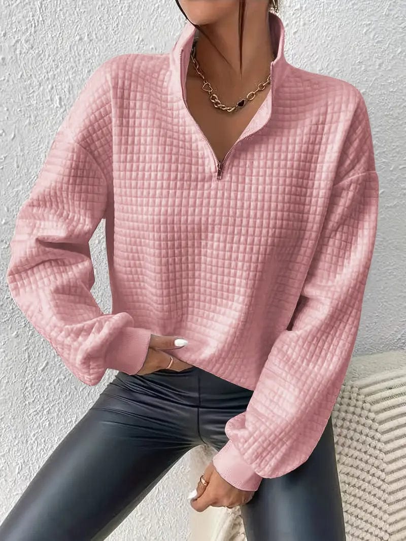 Waffle Grid Quarter Zip Pullover - Stylish Women's Fall & Winter Sweatshirt